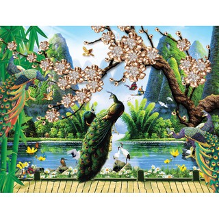 Tranh dán tường Tranh phong cảnh chim công hiện đại, tranh dán tường 3d hiện đại (tích hợp sẵn keo)