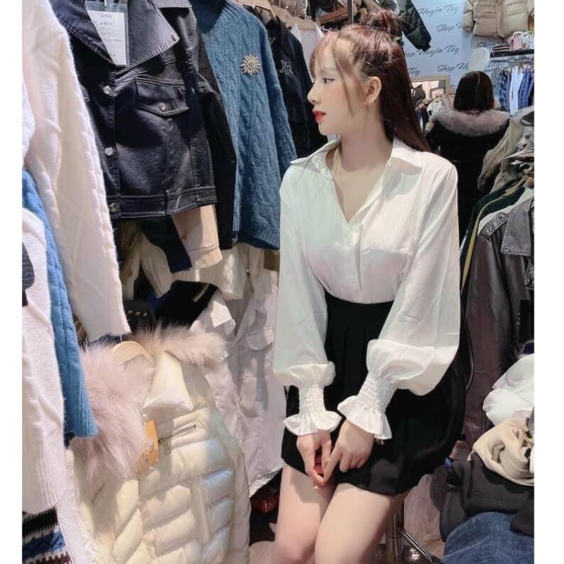 Áo sơ mi nữ trắng đi học tay dài bo nhúm cổ bẻ basic form rộng vừa - Sơ mi đi học sinh nữ trắng tay dài 002