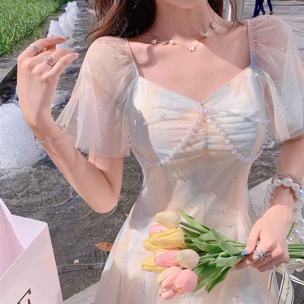 Đầm midi Cổ Vuông Màu Cầu Vồng Phối Lưới Thời Trang Mùa Hè Xinh Xắn Cho Nữ 2023