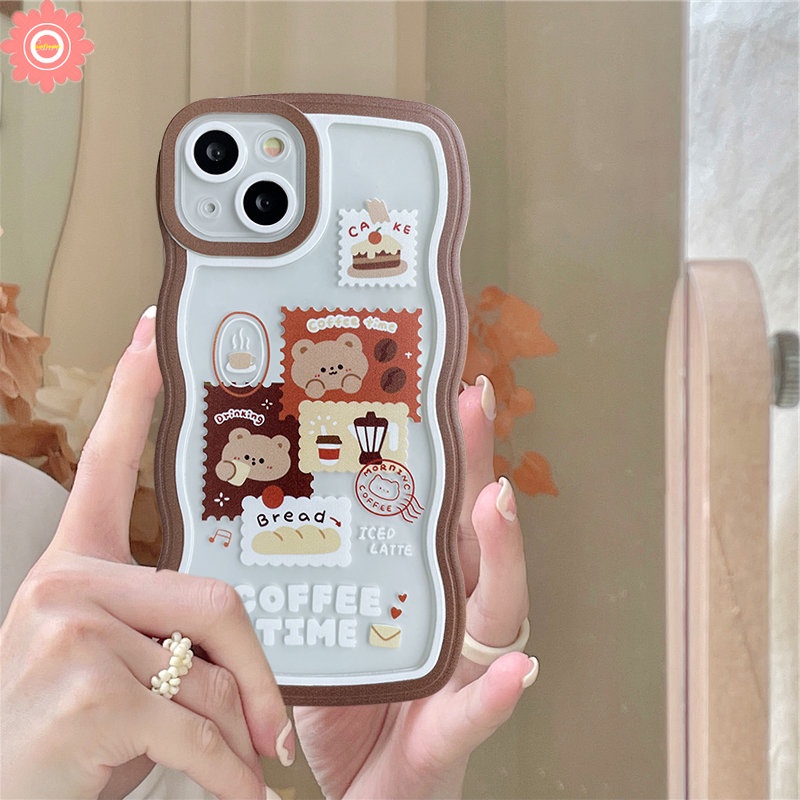 Wavy Edge Case Redmi 10 9T 9C NFC 9 9A 10A Redmi Note 10 11 10s 11s Note9 Note8 Note11s Note 10 Pro Max Plus Retro Vintage Cute Cartoon Bear Coffee Soft TPU Phone Cover