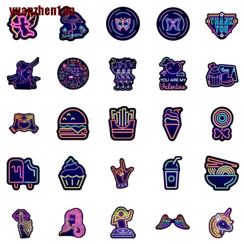 1 [Yuanzhen] 50 Miếng Dán Chống Thấm Nước Màu Neon Trang Trí Laptop Ván Trượt Guitar Guitar