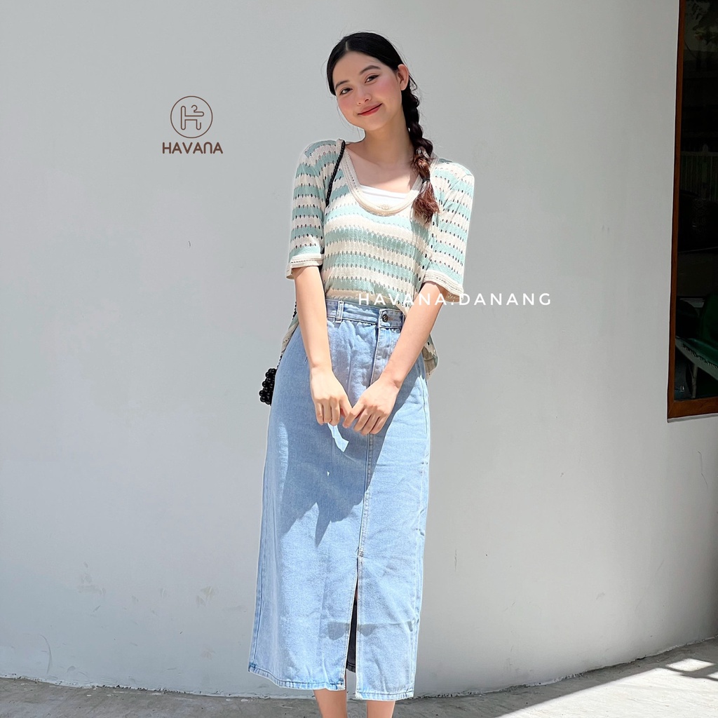 Áo len ngắn tay cổ tròn sọc ngang, áo lỗ cộc tay phong cách AE211