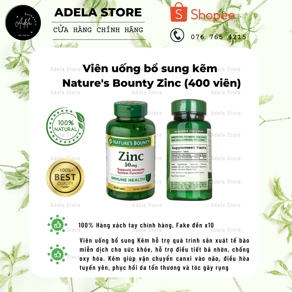 [Chính Hãng] Viên Uống Hỗ Trợ Giảm Mụn, Tăng Sức Đề Kháng Nature's Bounty Zinc 400 Viên