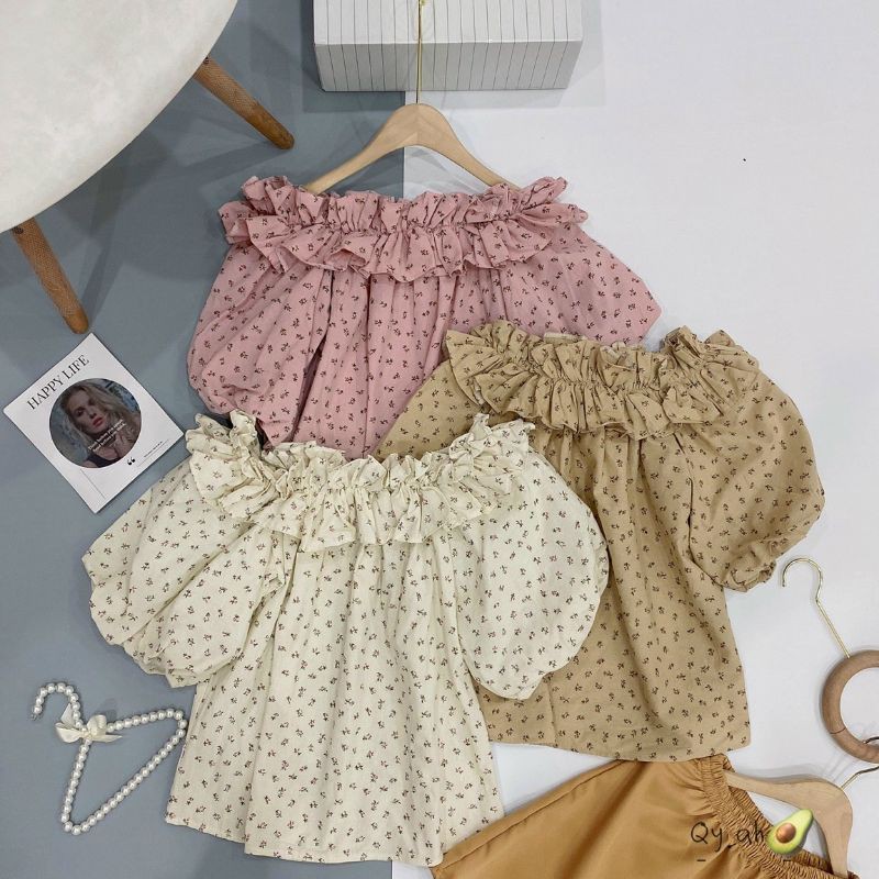 S342 Set Áo trễ vai bèo họa tiết hoa nhí tone màu nhẹ nhàng, phối quần sooc cạp chun co dãn dáng suông thoải mái