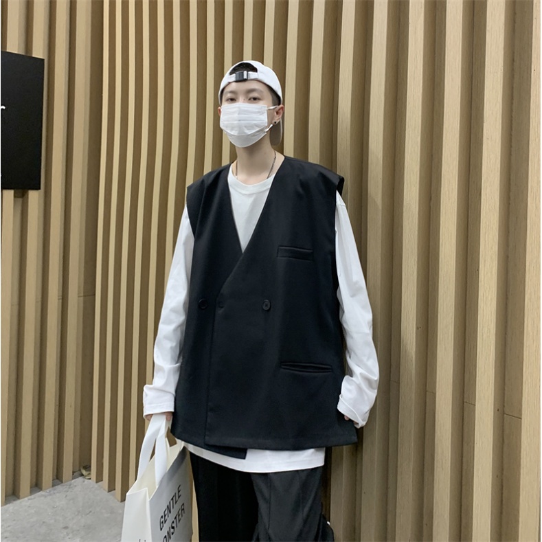 Áo Khoác Vest Không Tay Dáng Rộng Màu Trơn Nhiều Túi Phong Cách Hàn Quốc Cho Nam