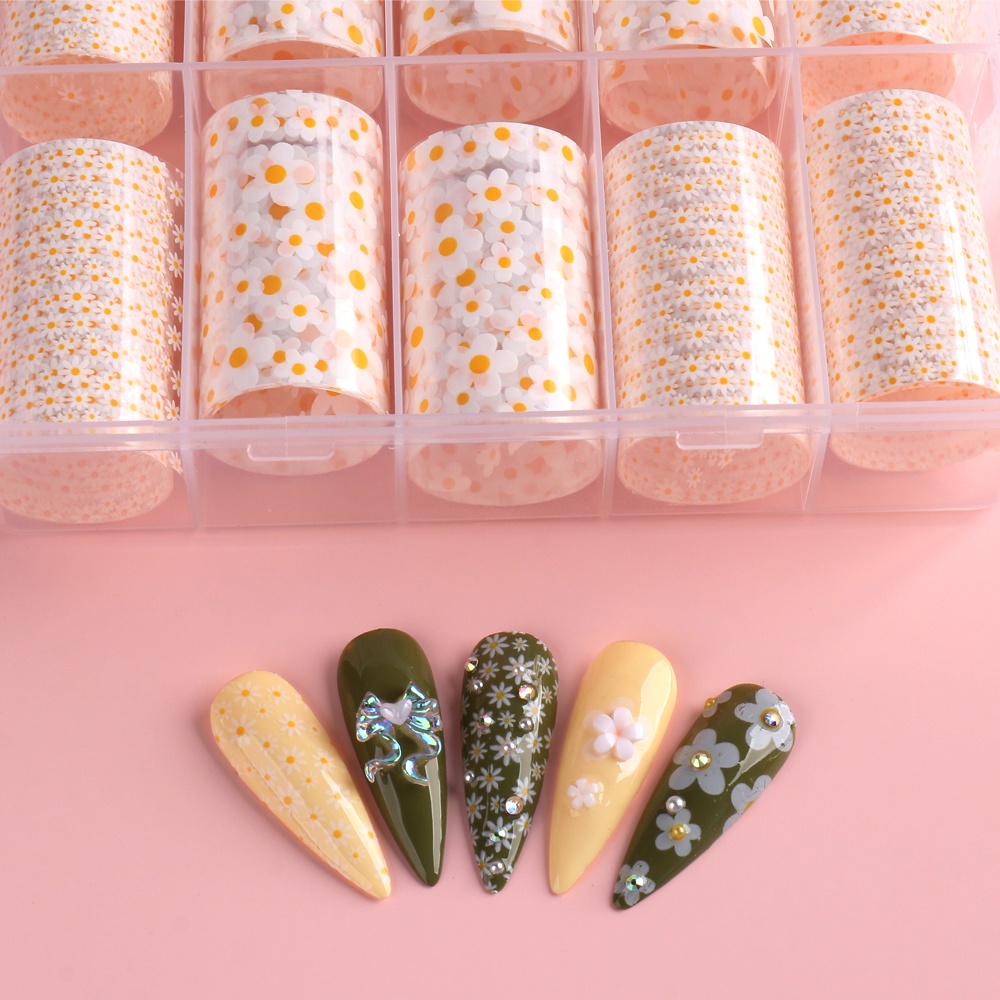 Bộ 10 Miếng Dán Trang Trí Móng Tay Toàn Diện Họa Tiết Hoa Cúc Đơn Giản