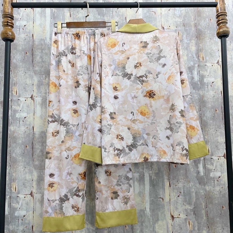 [Hàng sẵn] pijama lụa xước Quảng Châu cao cấp tay dài trà cốm