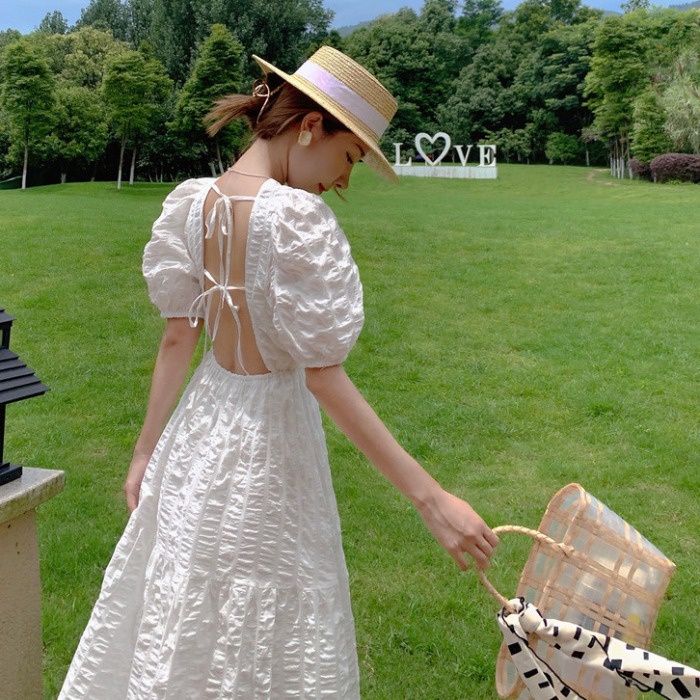 Váy đầm hở lưng tay ngắn, Đầm dài hở lưng dạ hội tay phồng màu cực xinh | BigBuy360 - bigbuy360.vn