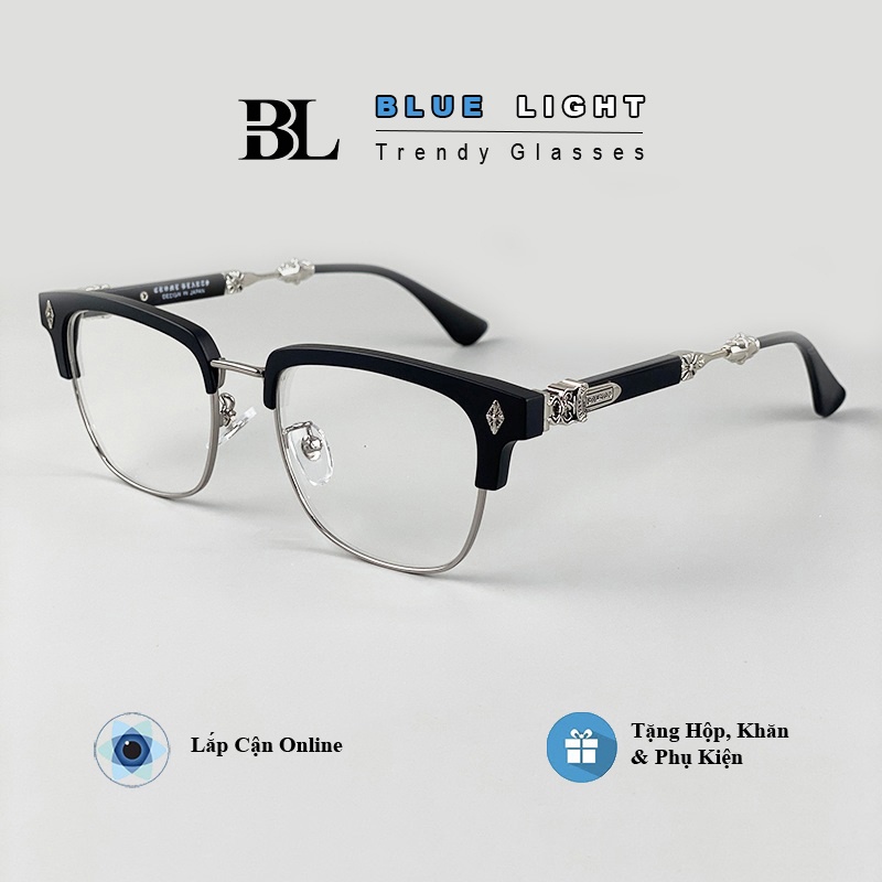 Gọng Kính Cận, Kính Giả Cận Nam Nữ, Mắt Vuông Chrome Heart Nửa Gọng Hoạ Tiết Cao Cấp - BLUE LIGHT