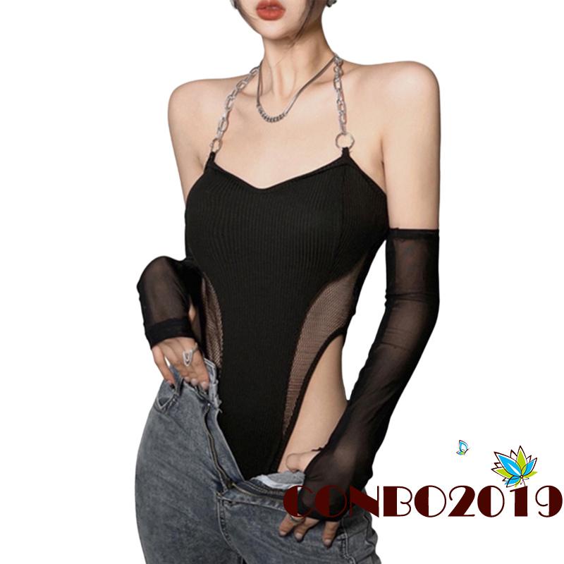 Hgm Bộ Áo Liền Quần Phối Lưới Dây Xích + Tay Áo Màu Đen Hợp Thời Trang Cho Nữ