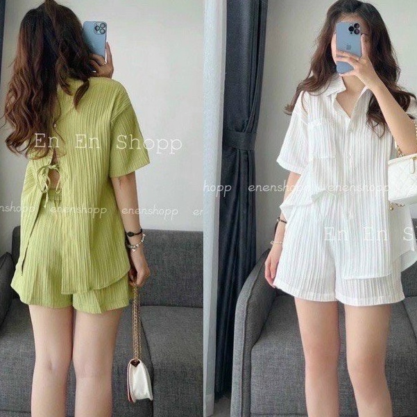 Set áo sơ mi xẻ thắt nơ phía sau + quần short chất đũi xước nhiều màu Okélla