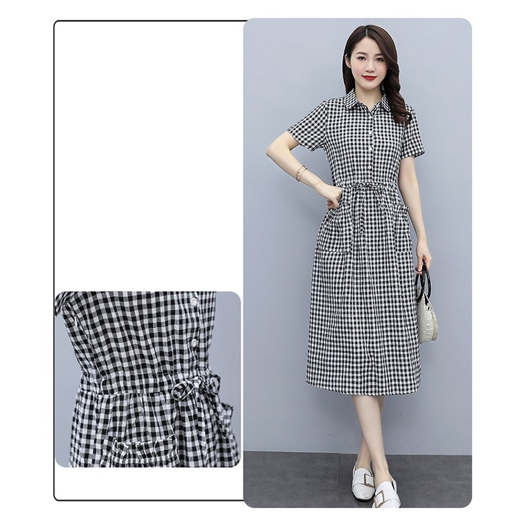 Váy sơ mi váy suông nữ đầm suông sơ mi form rộng họa tiết kẻ caro, kèm dây rút eo