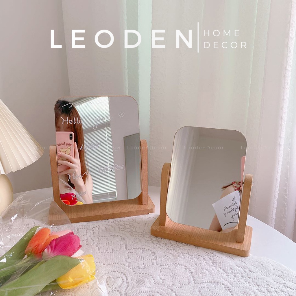 Gương để bàn trang điểm bằng gỗ phong cách Hàn Quốc, gương trang điểm xoay – LEODEN Decor