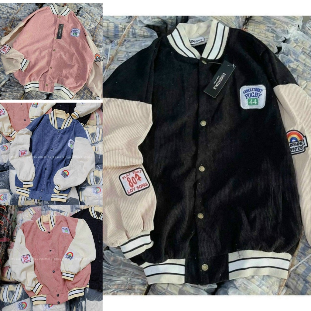 Áo Khoác Nhung Kaki Logo Thêu Cực Nét Kiểu Bomber Unisex Hàn Quốc -Màu Đen , Hồng , Xanh. - Cặp Đôi Nam Nữ Mặc Thu Đông