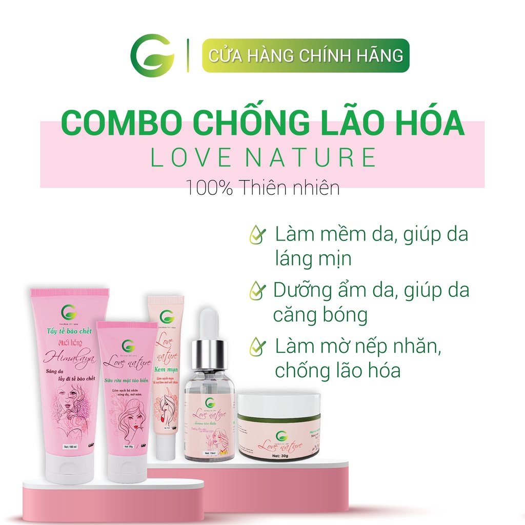 Combo chống lão hóa Love Nature gồm Tẩy tế bào chết, Sữa rửa mặt, Serum tảo biển, Kem mụn, Mặt nạ tảo biển