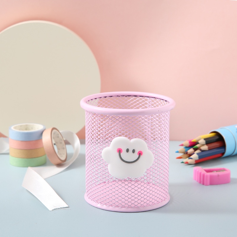 Ống cắm bút, hủ đựng bút, đồ đựng bút bằng sắt kim loại lưới nhiều màu dễ thương hình tròn
