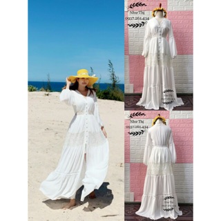 Đầm maxi phối ren tay dài váy xẻ tà hot trend đi du lịch chụp hình sống ảo