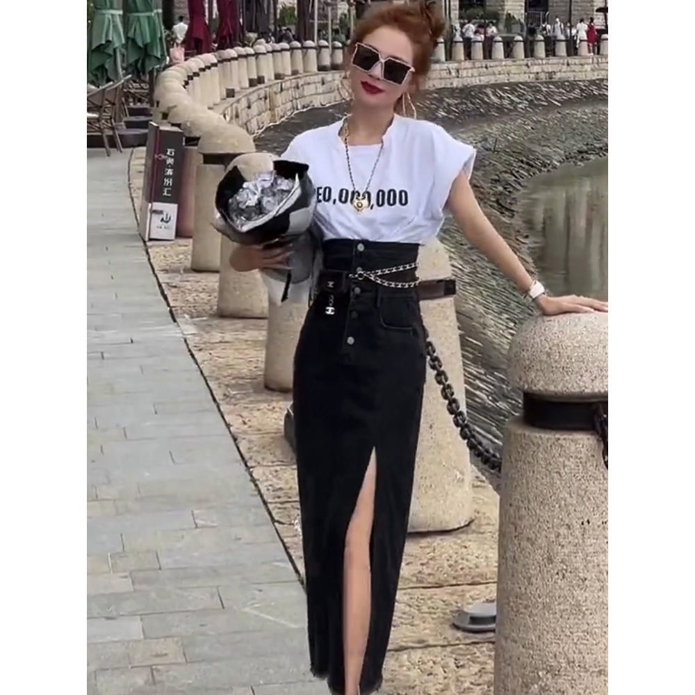 Jiashucheng Chân Váy Denim Chữ a Lưng Cao Xẻ Tà Phong Cách Retro Hong Kong Thời Trang Mùa Hè Hàng Mới 2023