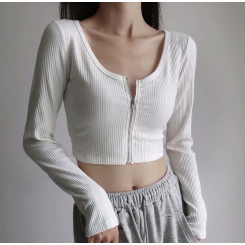 Áo Kiểu ⚠️ FREESHIP ⚠️ Croptop Tay Dài Thun Tăm Kéo Khóa Dáng Ôm - STORE 99