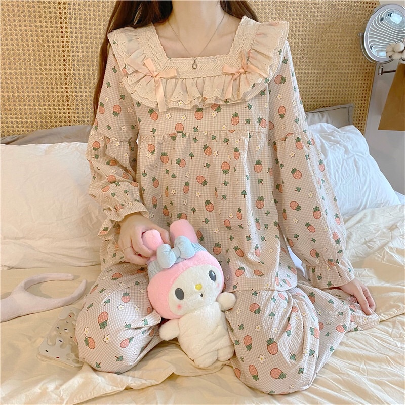 BN22_ Đồ Ngủ, Đồ Bộ Nữ Mặc Nhà Tiểu Thư Dài Tay Phối Bèo Nơ Quảng Châu