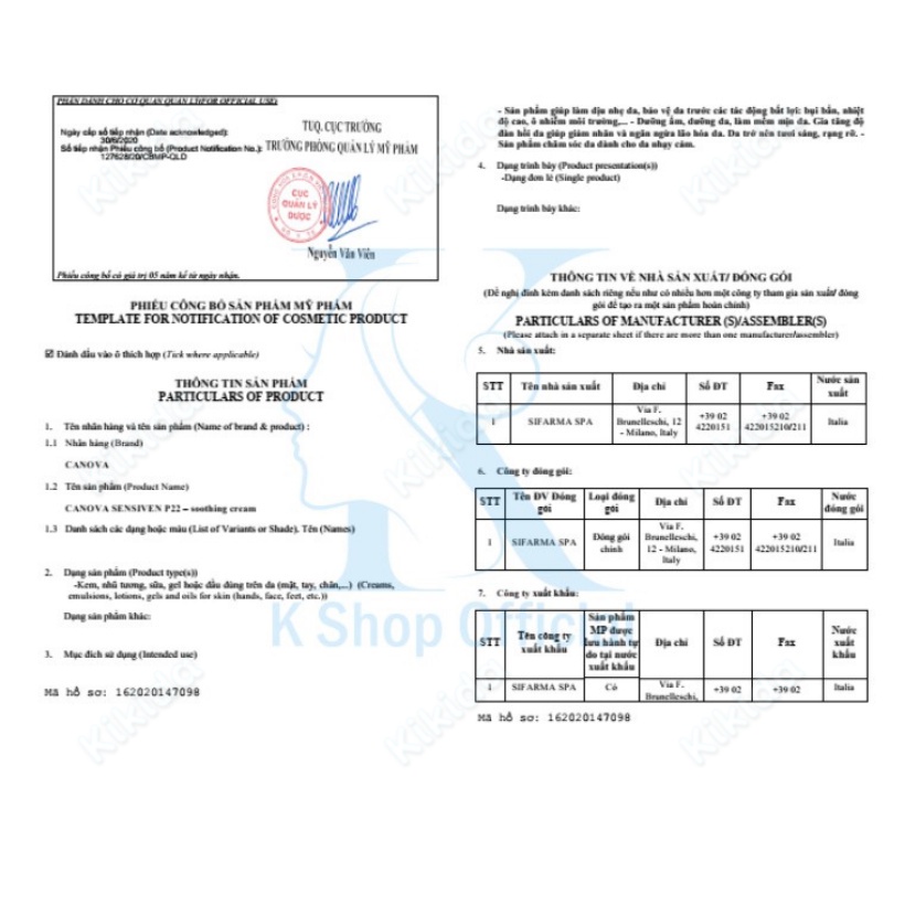 Kem dưỡng da nhạy cảm K7 Da liễu CANOVA P22 ITALYA giảm kích ứng đỏ da ngăn ngừa lão hóa