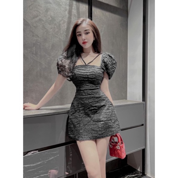 Đầm dự tiệc chất gấm tay phồng cổ chéo form chuẩn Velvet Dress đi biển dự tiệc cao cấp size S M L