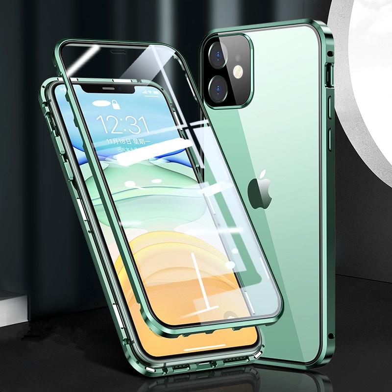 Ốp Điện Thoại Kính Cường Lực Hai Mặt Viền Kim Loại Nam Châm Cho Iphone 13 Pro X Xs Max Xr 13