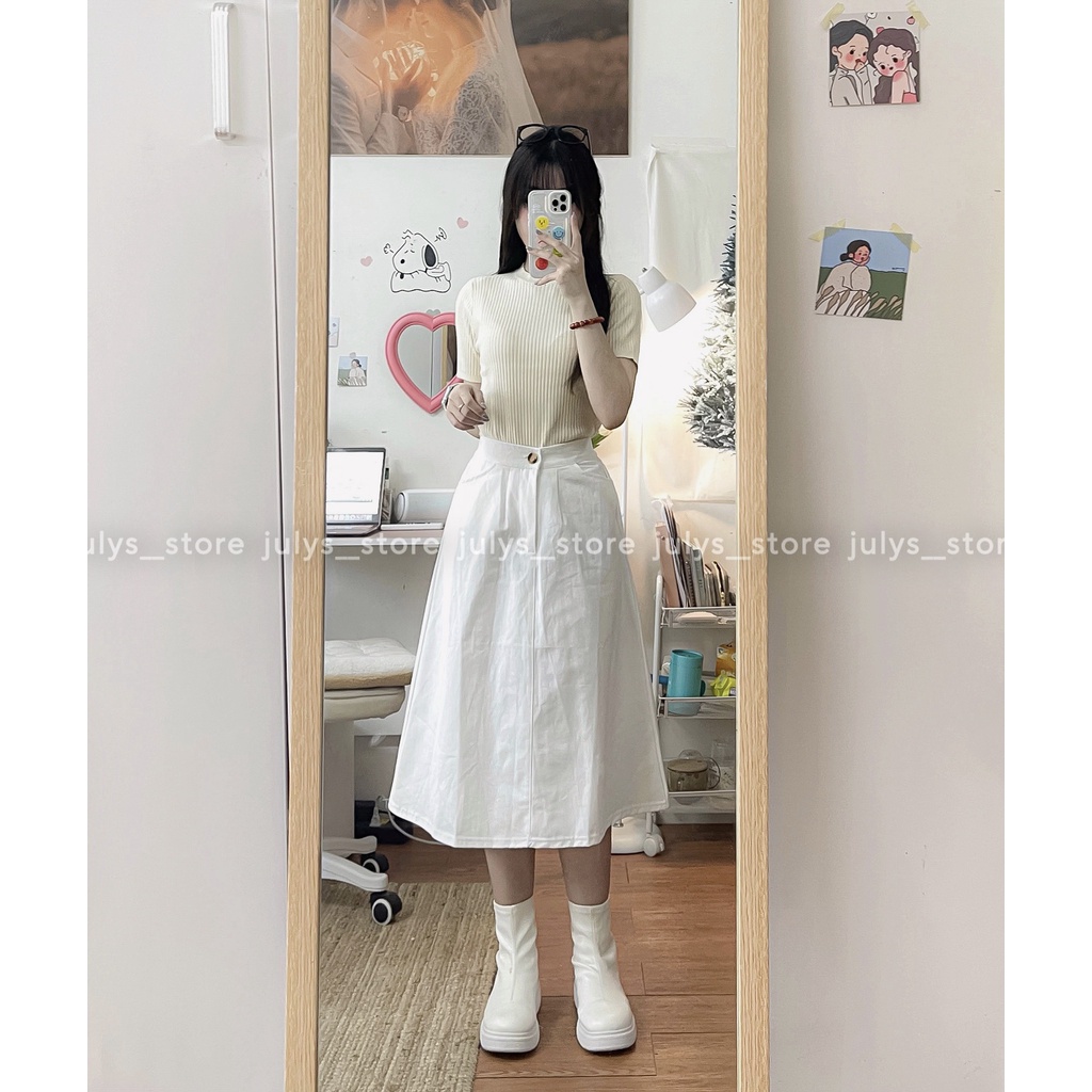 Chân váy kaki dài dáng A lưng chun sau