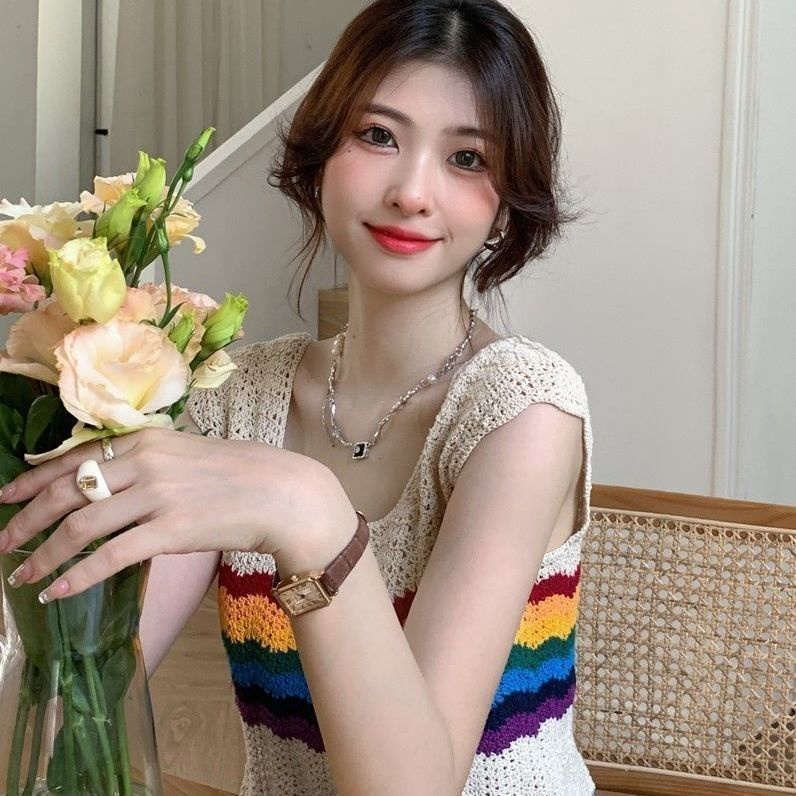 Jiashucheng Áo Dệt Kim Ngắn Không Tay Họa Tiết Sọc Cầu Vồng Khoét Rỗng Phong Cách Preppy Mới Dễ Phối Đồ Cho Nữ