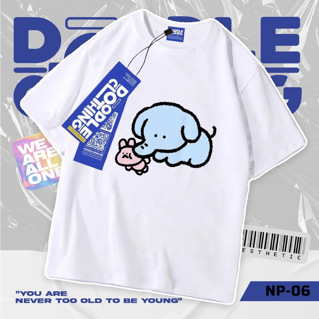 Áo thun nam nữ tay lỡ unisex oversize áo phông form rộng basic tee hình vẽ voi xanh ôm thỏ bông