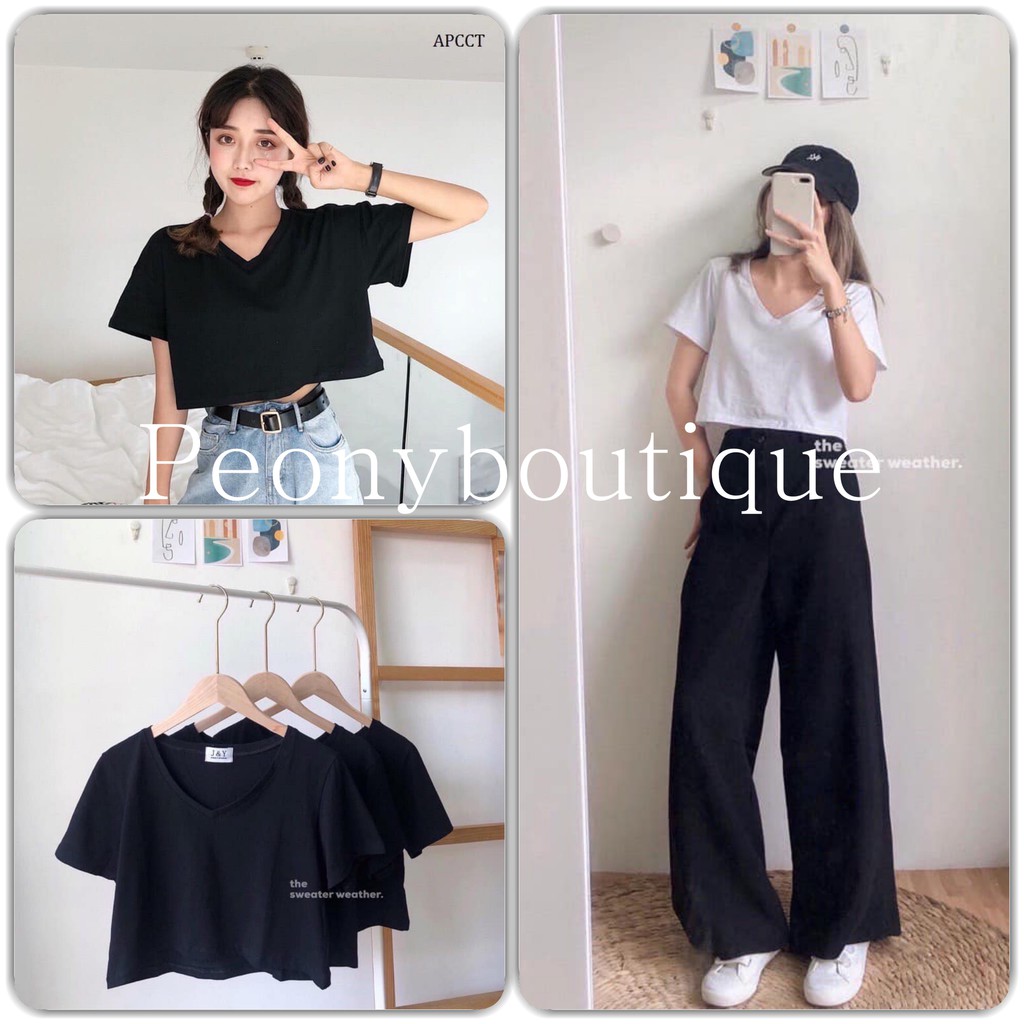 Áo Croptop Cổ Tim PEONYB Nữ [FREESHIP] 🌸 Thun cộc tay basic chữ V, phông trơn ngắn màu ĐEN | TRẮNG Ulzzang HOT 🌸