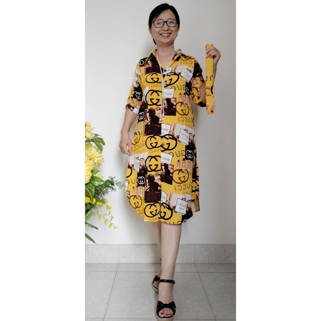 Đầm Trung Niên Kiểu Sơ Mi - Vải Lụa Đũi Ý - Có Dây Cột Ngang Eo - Size 48kg - 85kg | BigBuy360 - bigbuy360.vn