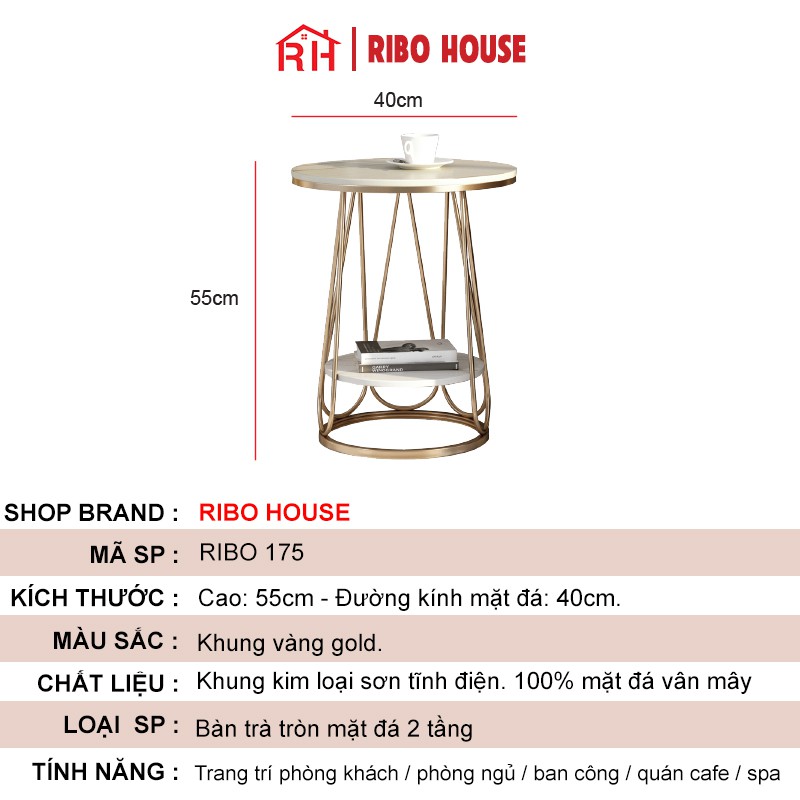 Bàn trà sofa RIBO HOUSE mặt bàn đá khung kim loại sơn tĩnh điện tab 2 tầng trang trí phòng khách ban công mẫu 7 RIBO175