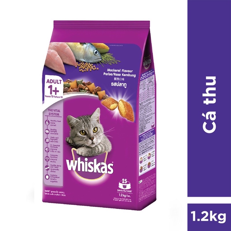 Hạt cho mèo lớn Whiskas 1.2kg đủ vị