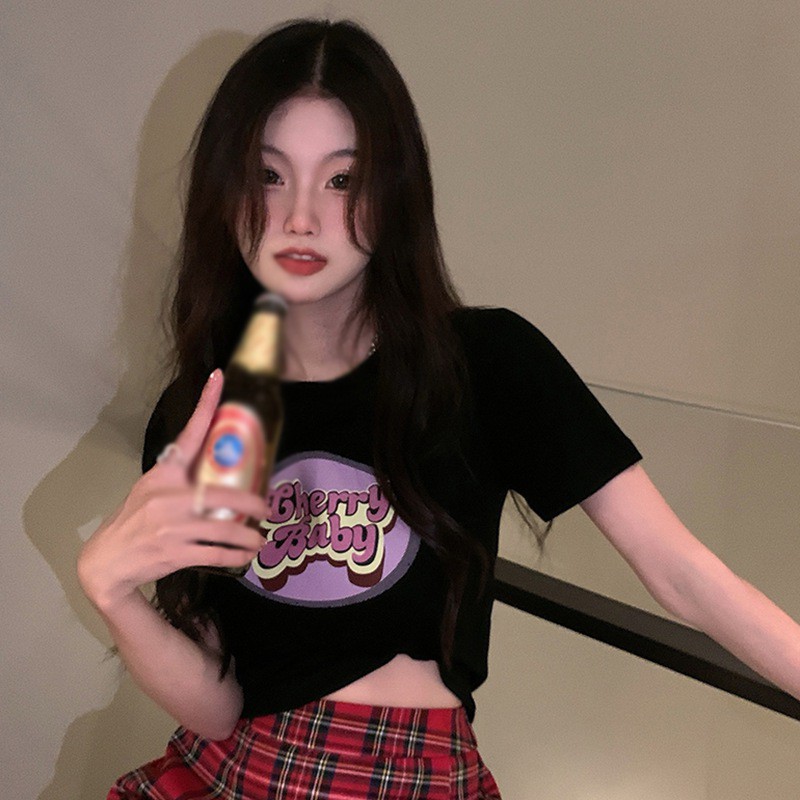 Áo Thun Croptop Tay Ngắn Cổ Tròn In Họa Tiết Ngọt Ngào Phong Cách Hàn Quốc Thời Trang Mùa Hè Cho Nữ