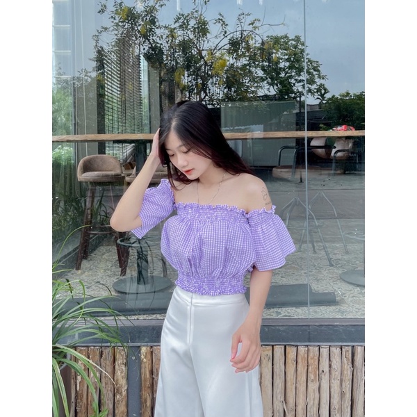 Áo Trễ Vai Tay Phồng Croptop Pikabee 8 màu