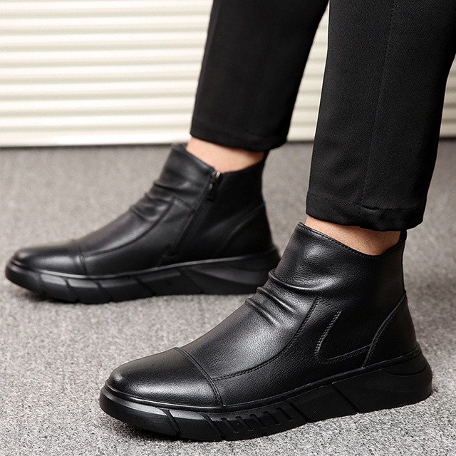 Giày Chel sea Boots Nam Cao Cổ Da Đen Mềm Đế Cao 5cm Phong Cách Nam Tính Tặng Kèm Đồng Hồ