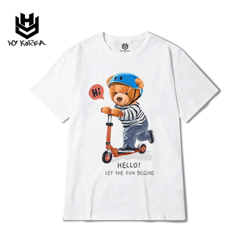 Áo Thun Tay Lỡ HY Korea Form Rộng Cotton 100 In Hình Gấu Xe Trượt 569.