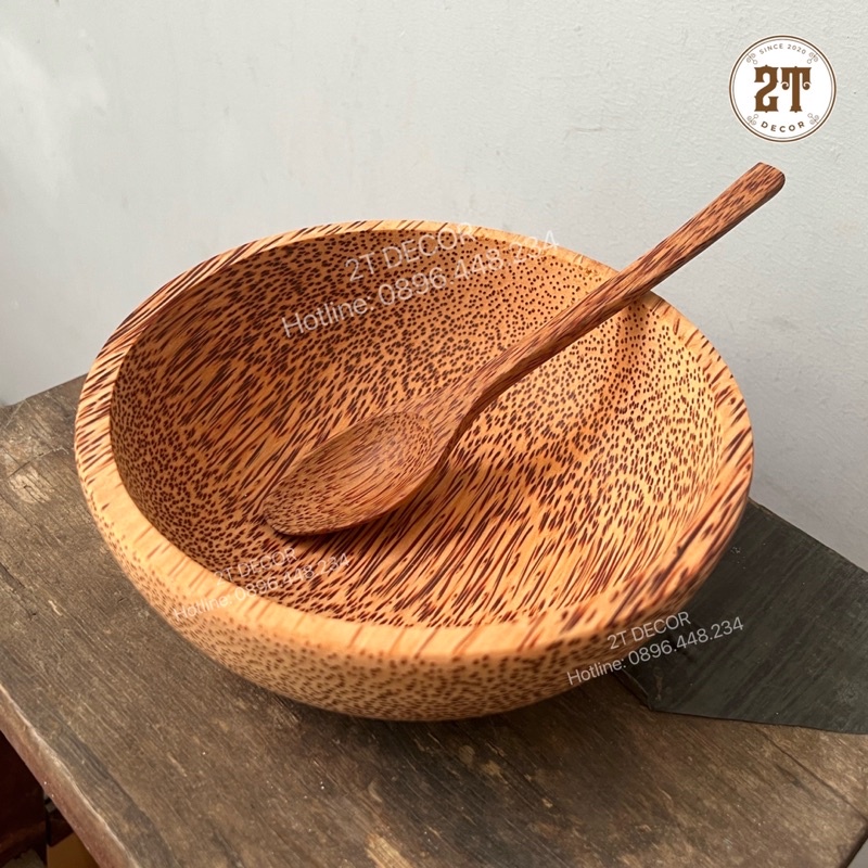 Tô tròn gỗ dừa đường kính 18cm tặng muỗng gỗ dừa 19cm, dùng đựng canh, cơm, decor, spa