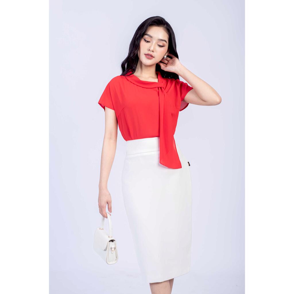 Áo sơ mi tay hến, cổ lệch buộc nơ MMOutfit M-AO071021222