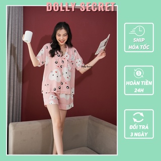 Bộ đồ ngủ Pijama mặc nhà cộc tay bồng quần đùi màu hồng họa tiết đáng yêu DOLLY SECRET CC10