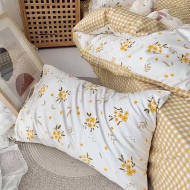 Cotton Living Hàn Quốc 4 Món Dây Nơ Hoa Nhí Vàng, Ga Gối Cotton Hàng Nhập Khẩu Nguyên Set, Vải Mềm Mịn