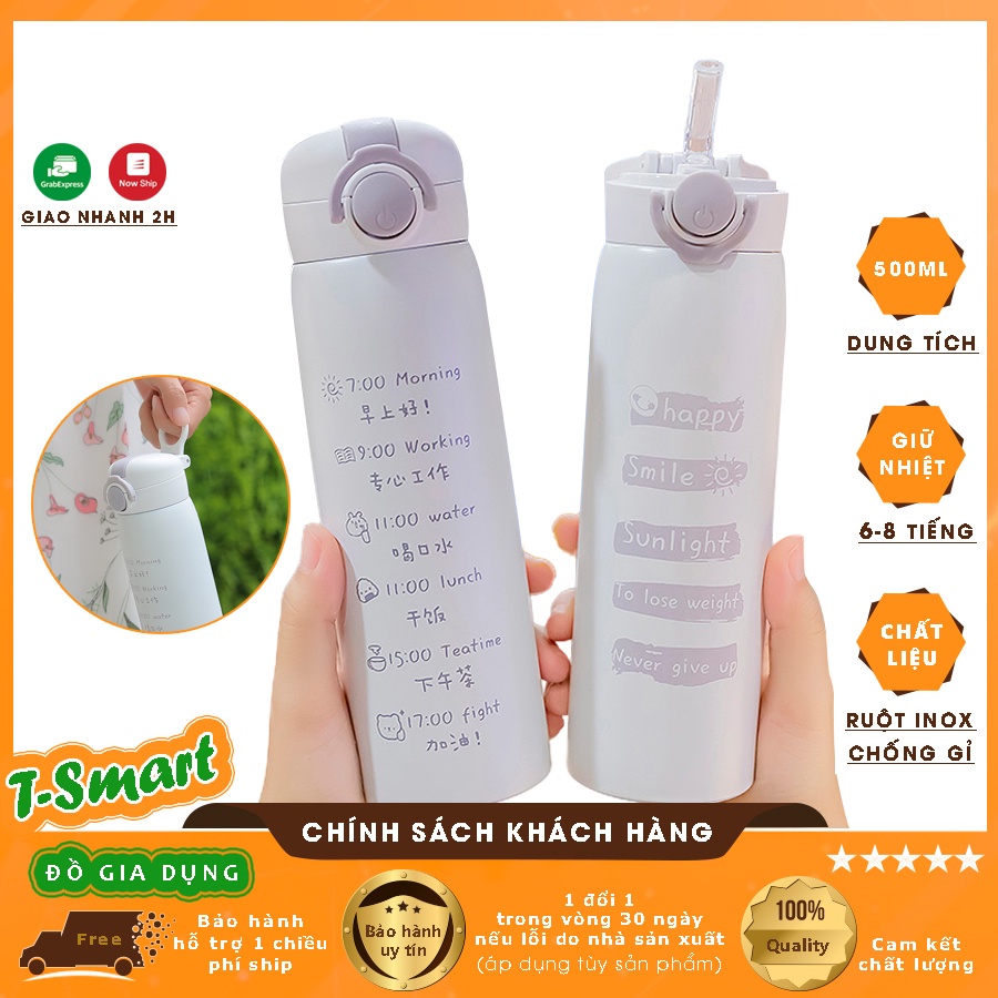 (Có Móc Cầm Tay) - Bình Đựng Nước Giữ Nhiệt 500ML Inox 304 Phong Cách Chữ Hàn Quốc Cute - Kèm Ống Hút Tiện Lợi