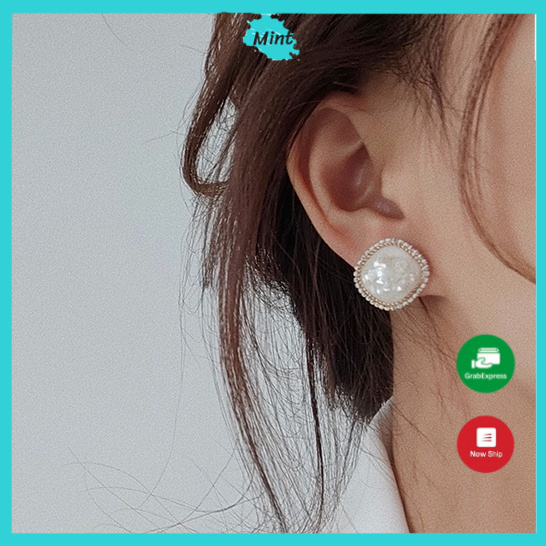 Bông Tai Nữ ❤️KHÔNG GÂY DỊ ỨNG❤️ Bông Tai Ẩn Đá Xà Cừ Hình Vuông Thanh Lịch - Khuyên Tai Phong Cách Hàn Quốc