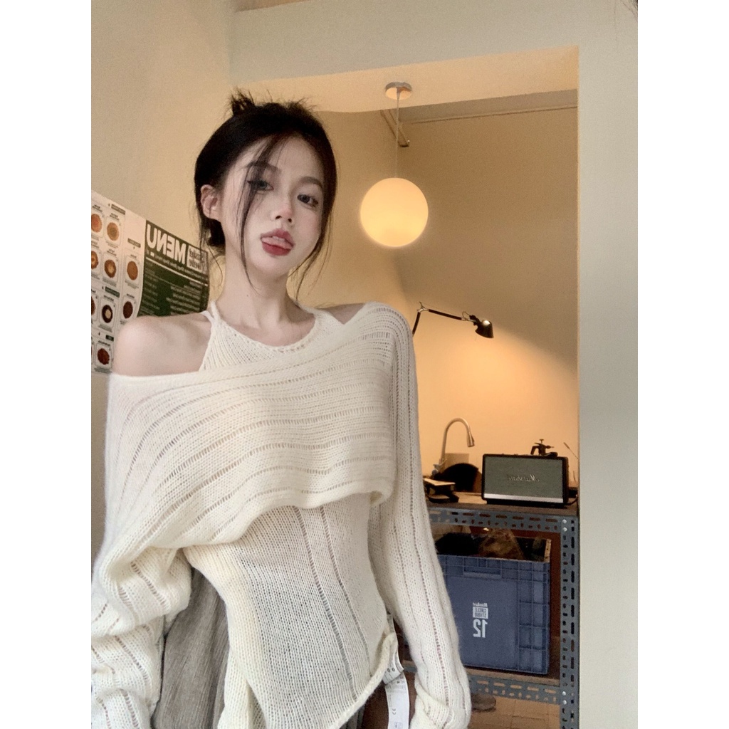 Porozi  Áo khoác Áo Sweater dệt kim tay dài trễ vai phong cách Hàn Quốc dành cho nữ