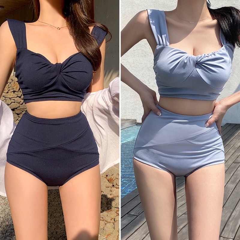 Bikini cạp cao áo xoắn ngực dây bản to hàng quảng châu siêu xinh