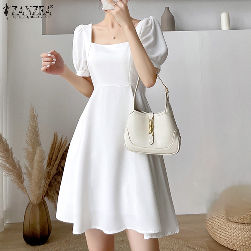 Đầm midi ZANZEA tay phồng cổ vuông có khóa kéo thời trang cho nữ