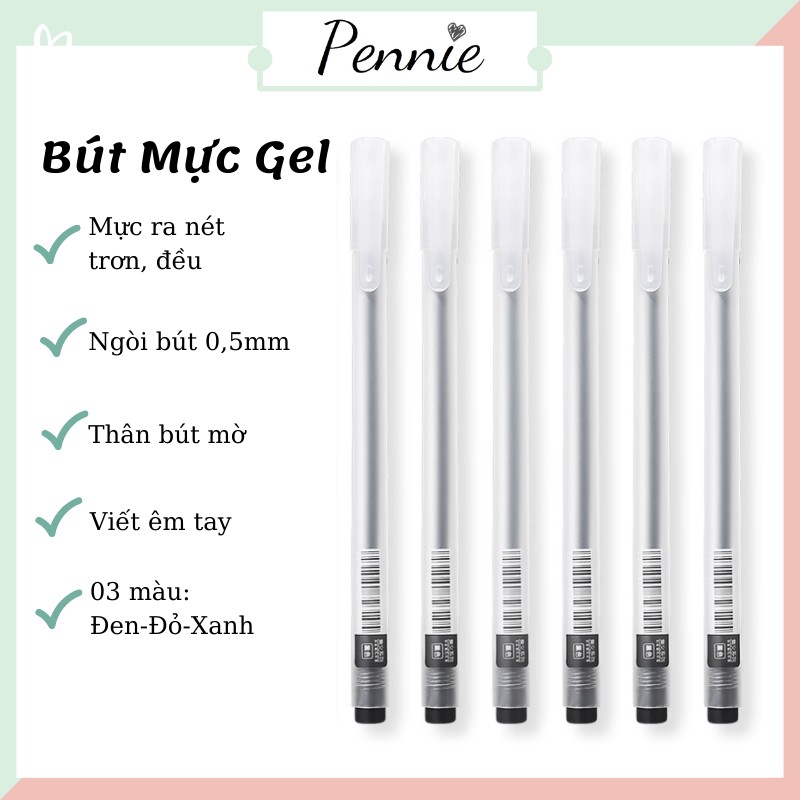 Bút bi nước Pennie mực gel 0.5mm đủ màu đen đỏ xanh ghi bài đồ dùng văn phòng mực đều nét chữ đẹp