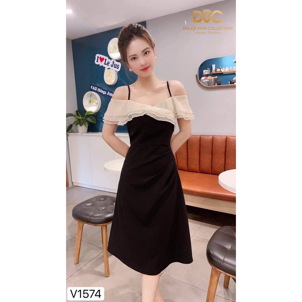 VÁY ĐEN 2 DÂY TRỄ VAI THIẾT KẾ MỚI V1574 CHẤT LIỆU MANGO PHỐI VOAN TRẺ TRUNG ĐI CÙNG VỚI 3 KÍCH CỠ S M L DỄ LỰA CHỌN