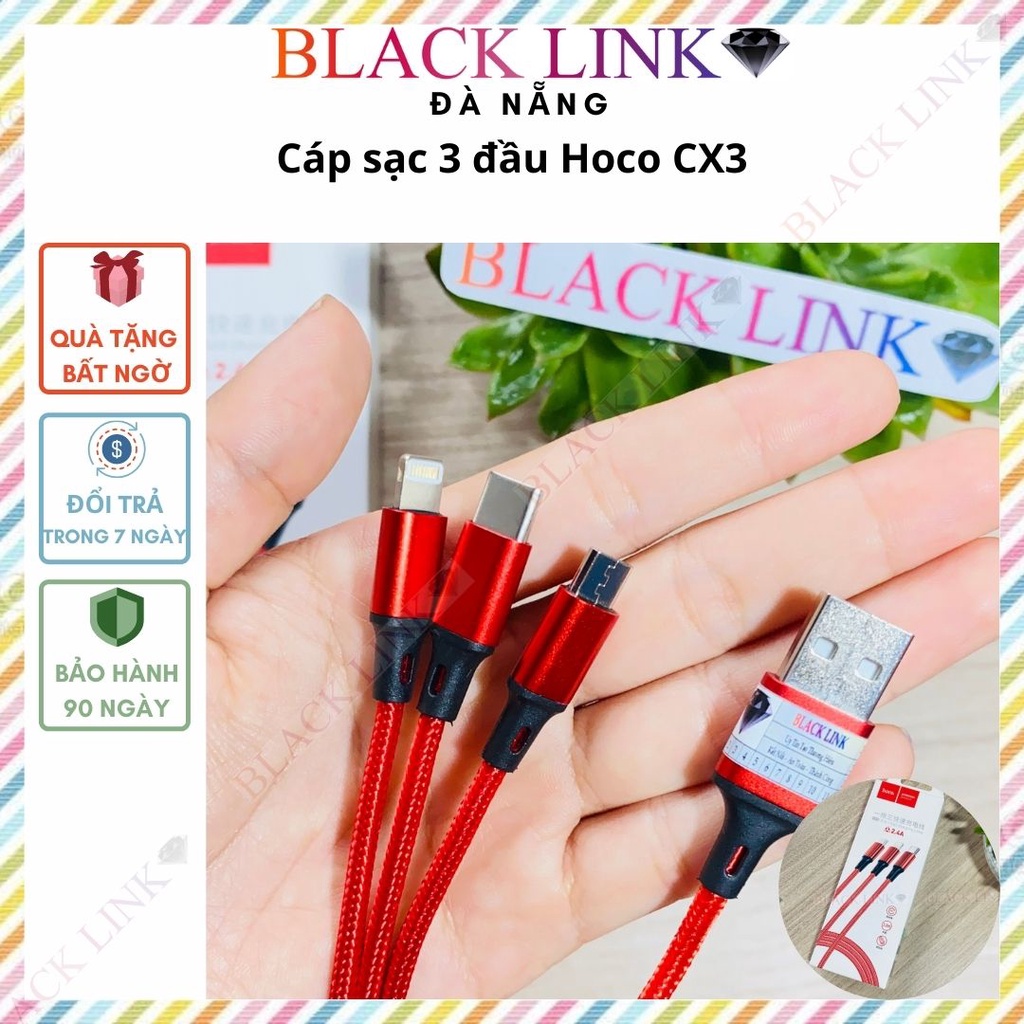 Dây Cáp Sạc 3 Đầu HOCO CX3 Chính Hãng 3 in 1 Lightning – Micro – Type C Dây Sạc Nhanh Pin Dự Phòng Tai Nghe Bluetooth